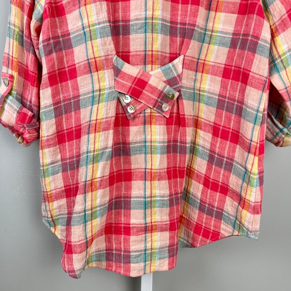 Soft Surroundings Shirt Top Womens‎ Small Pink Plaid 100% Linen Roll Tab Sleeve - Picture 6 of 7